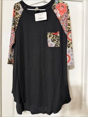 Black Tunic with Floral & Leopard Print Sleeves and Pocket. 3/4 sleeves